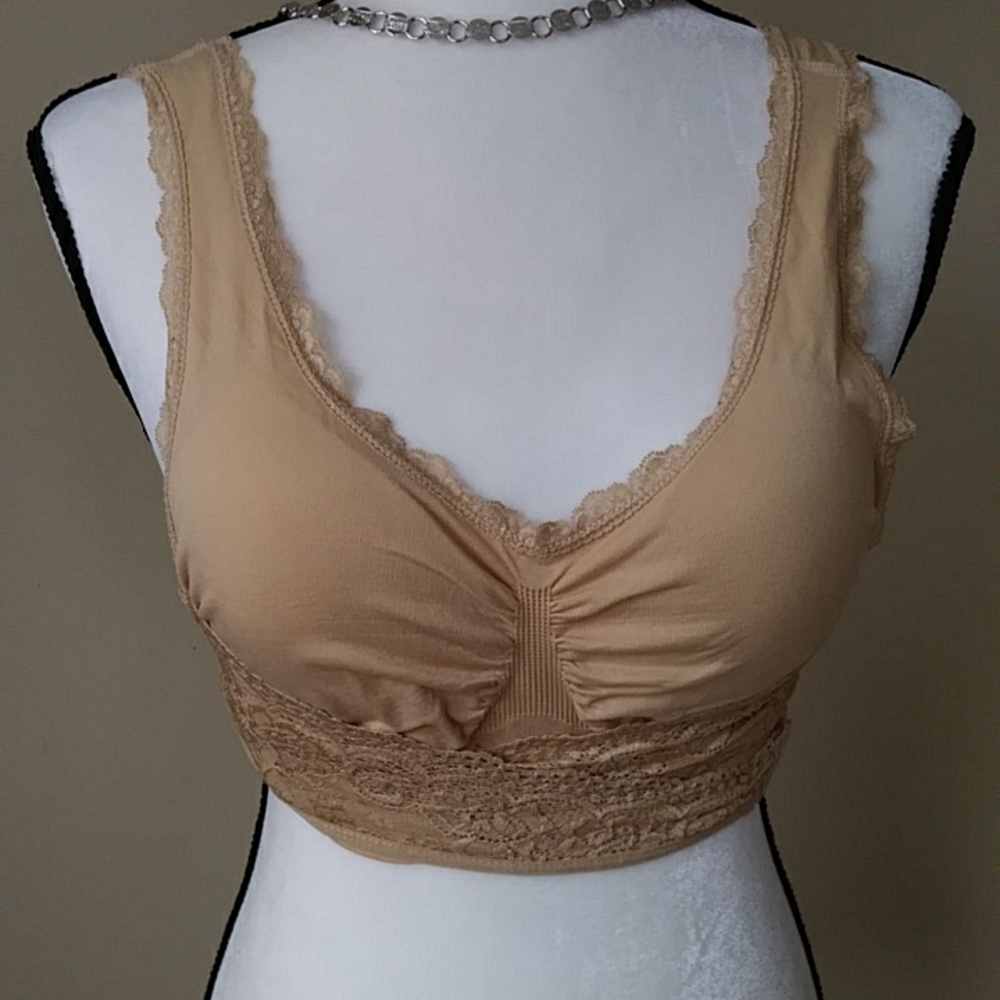 Primo Comfort Lace Crocheted Floral Criss-Cross Lift Padded Bra 2XL Nude